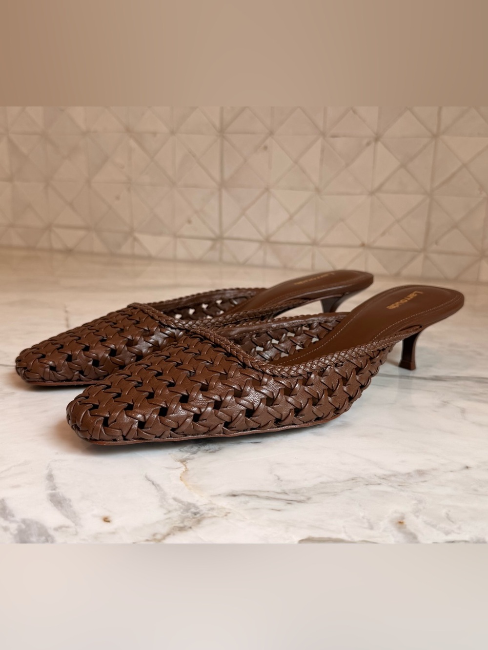 Larroude Brown Woven Pointed Kitten Heel
